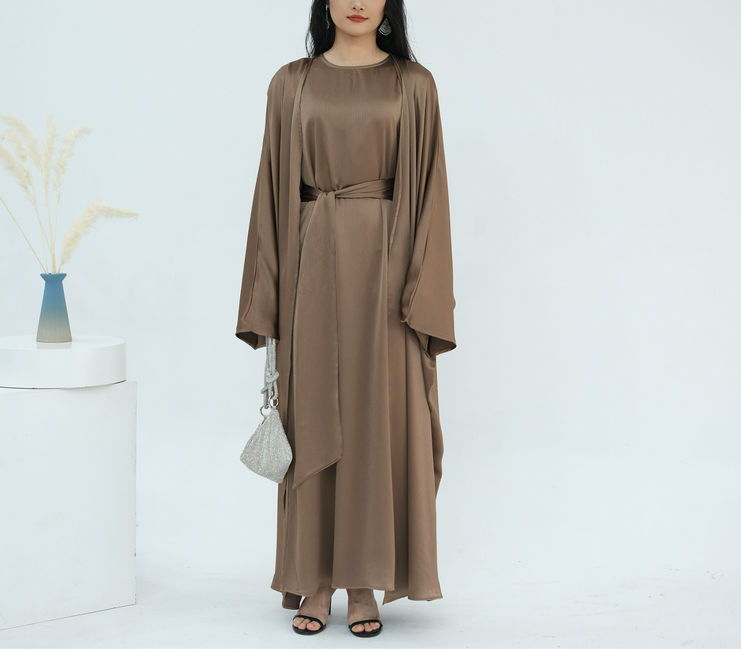 Silky satin 2 piece abaya set