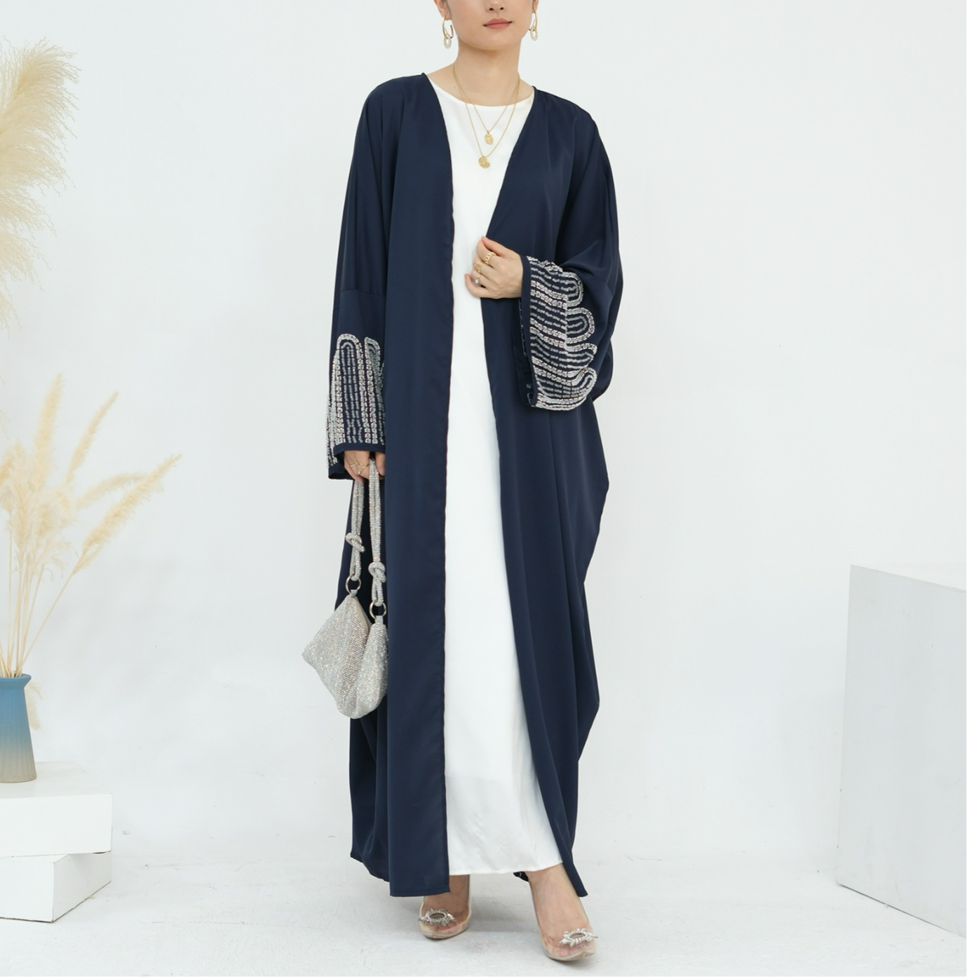 Navy abaya with embellished sleeves