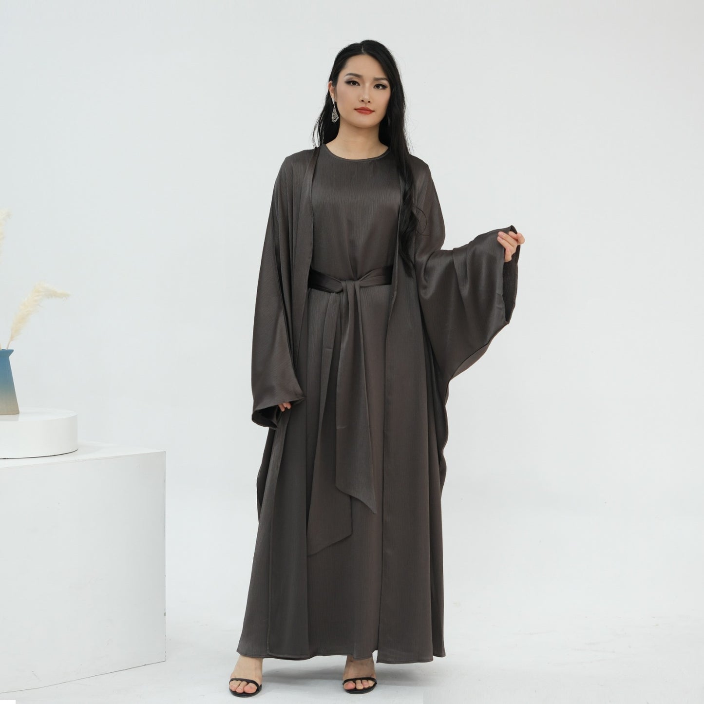 Silky satin 2 piece abaya set